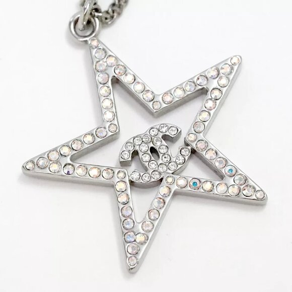 CHANEL Star CC Logos Rhinestone Necklace 23" Silver Tone 18A Auth w/Box g11032 - Picture 3 of 7